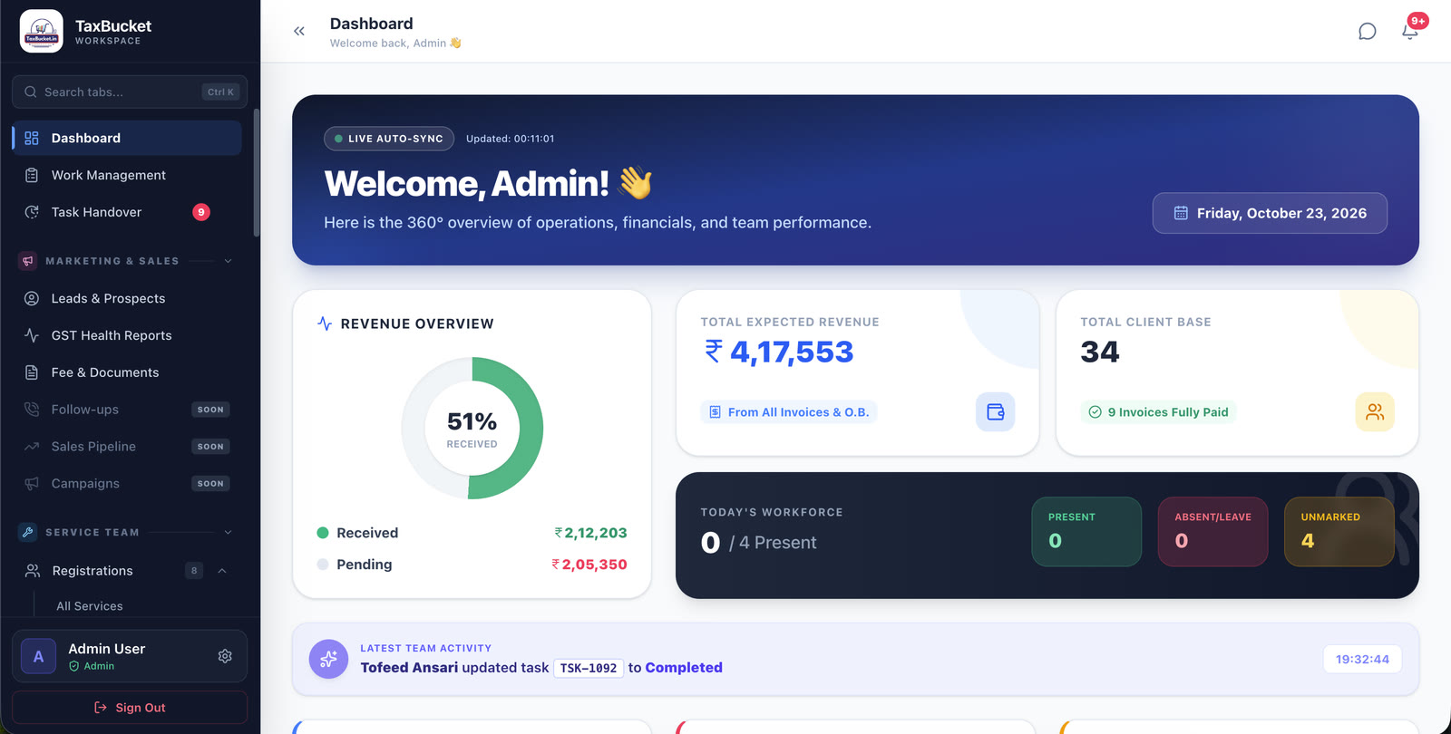TaxBucket CRM — ERP & CRM Portal screenshot